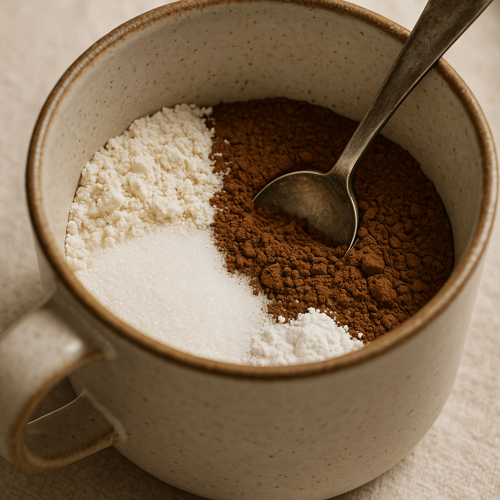 Dry ingredients for mug cake mixed inside ceramic mug with spoon