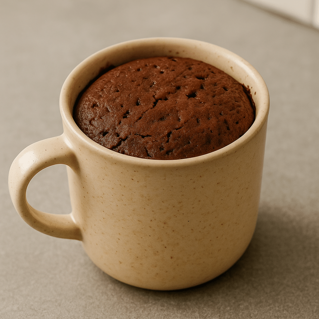 Freshly microwaved magic mug cake risen and cracked on top