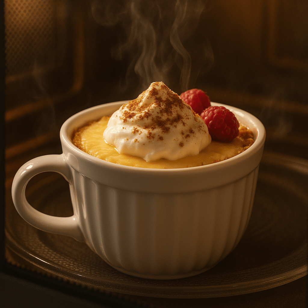 Mug cheesecake cooking in microwave with steam rising