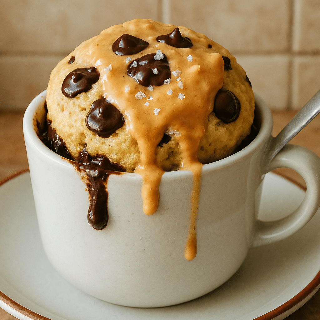Cooked peanut butter banana mug cake in mug