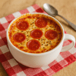 Microwave mug pizza in a ceramic mug with melted cheese and pepperoni