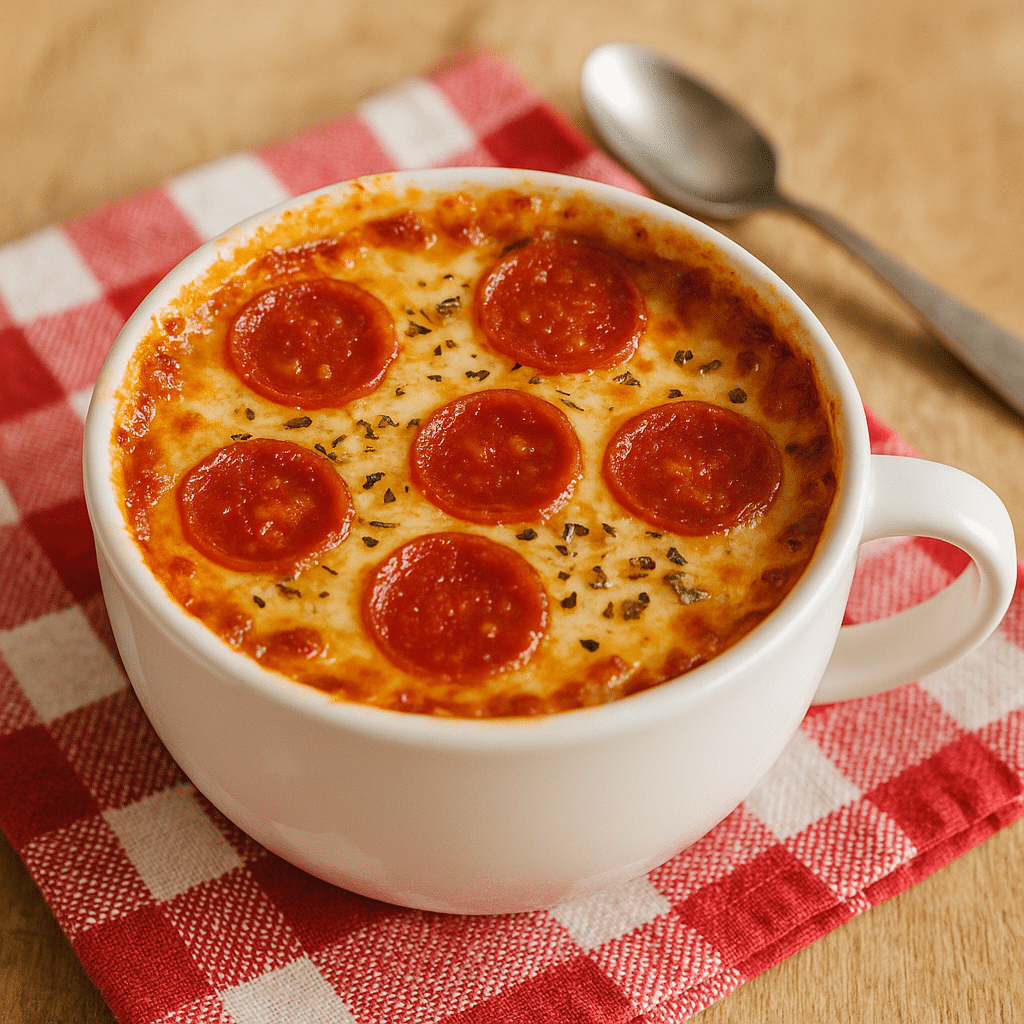Microwave mug pizza in a ceramic mug with melted cheese and pepperoni