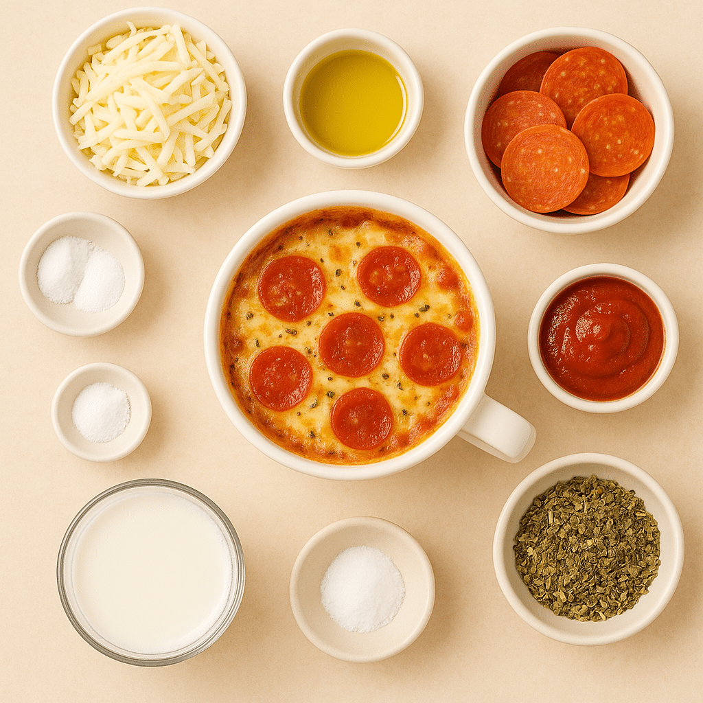 Ingredients laid out for microwave mug pizza recipe