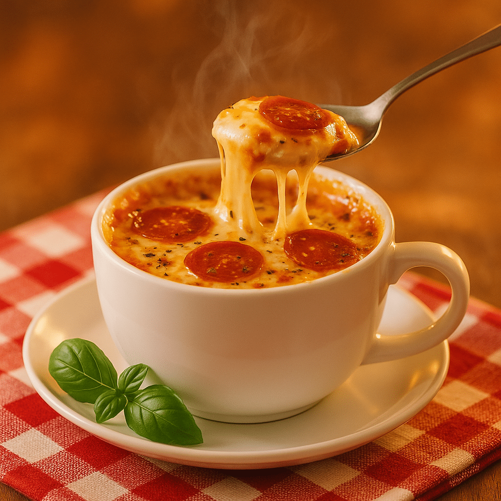 Warm microwave mug pizza served with melted cheese