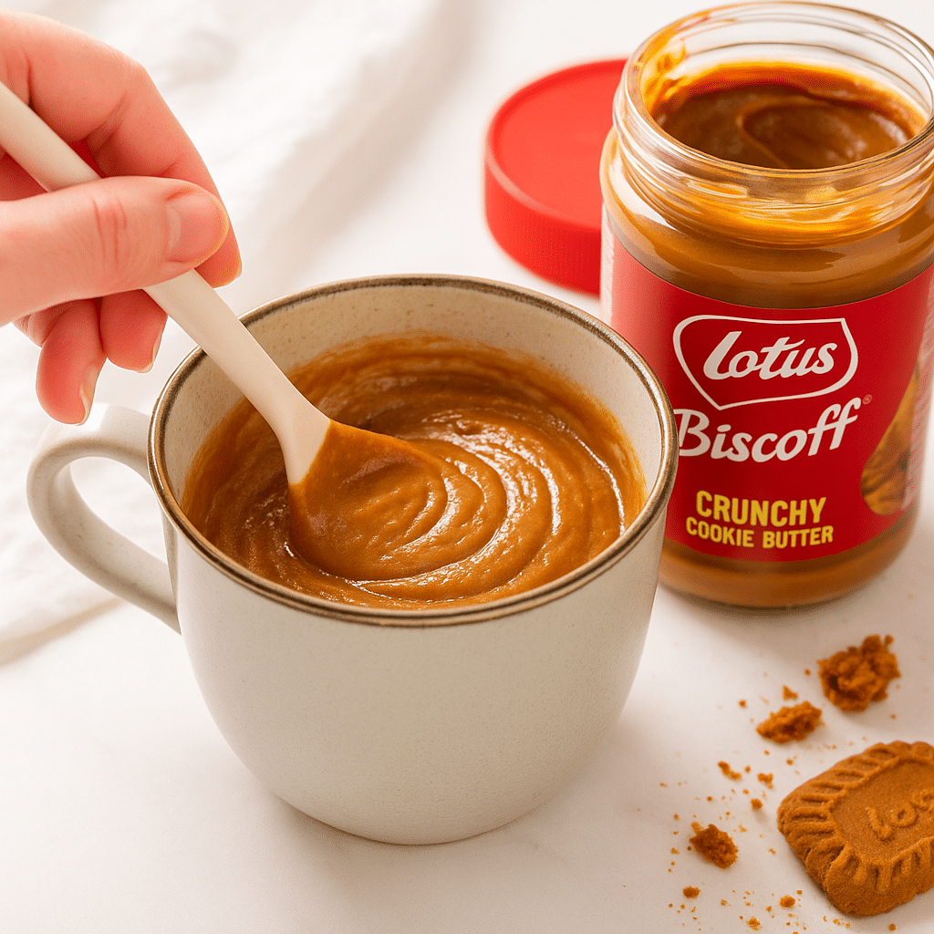 Hand stirring Biscoff cake batter in a mug with visible creamy texture
