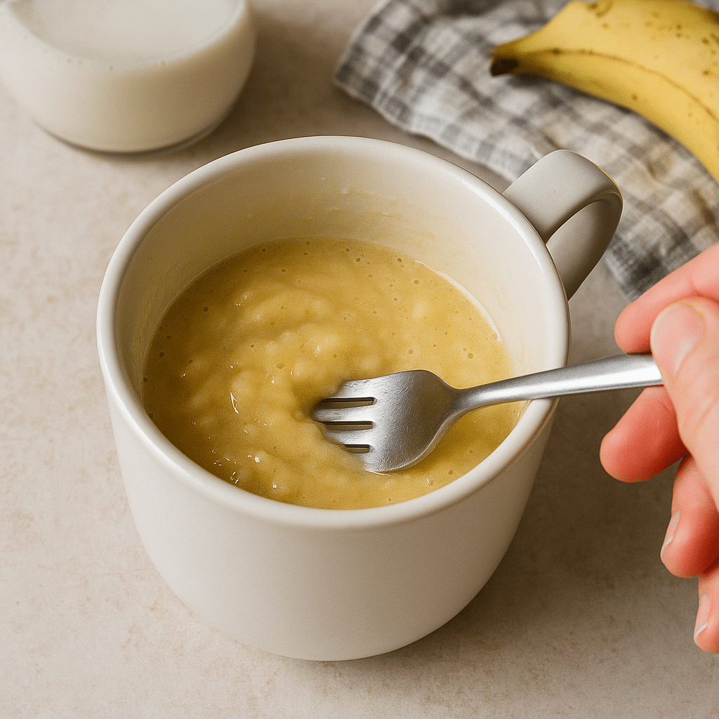 Mixing peanut butter banana mug cake batter