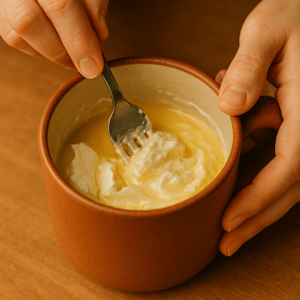 Mixing mug cheesecake batter with fork in ceramic mug
