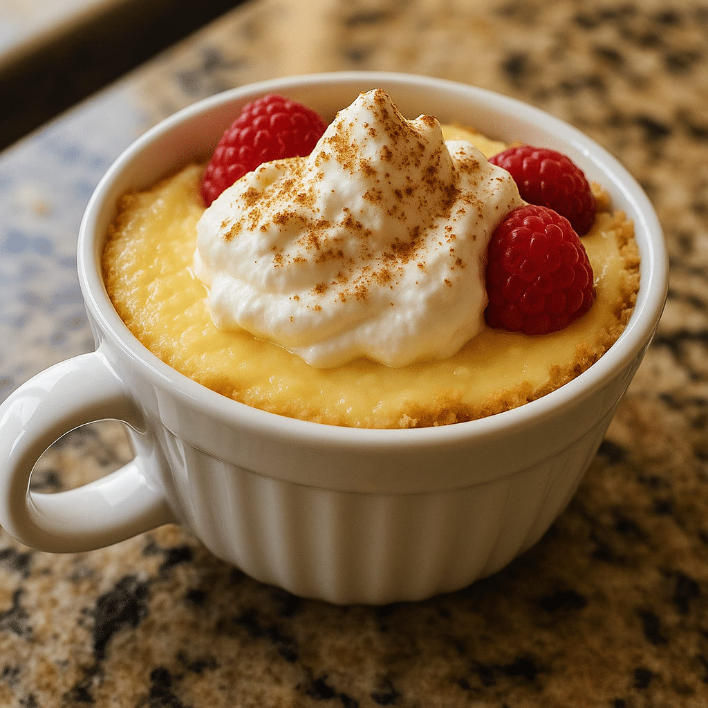 Mug cheesecake recipe in ceramic mug with strawberry garnish