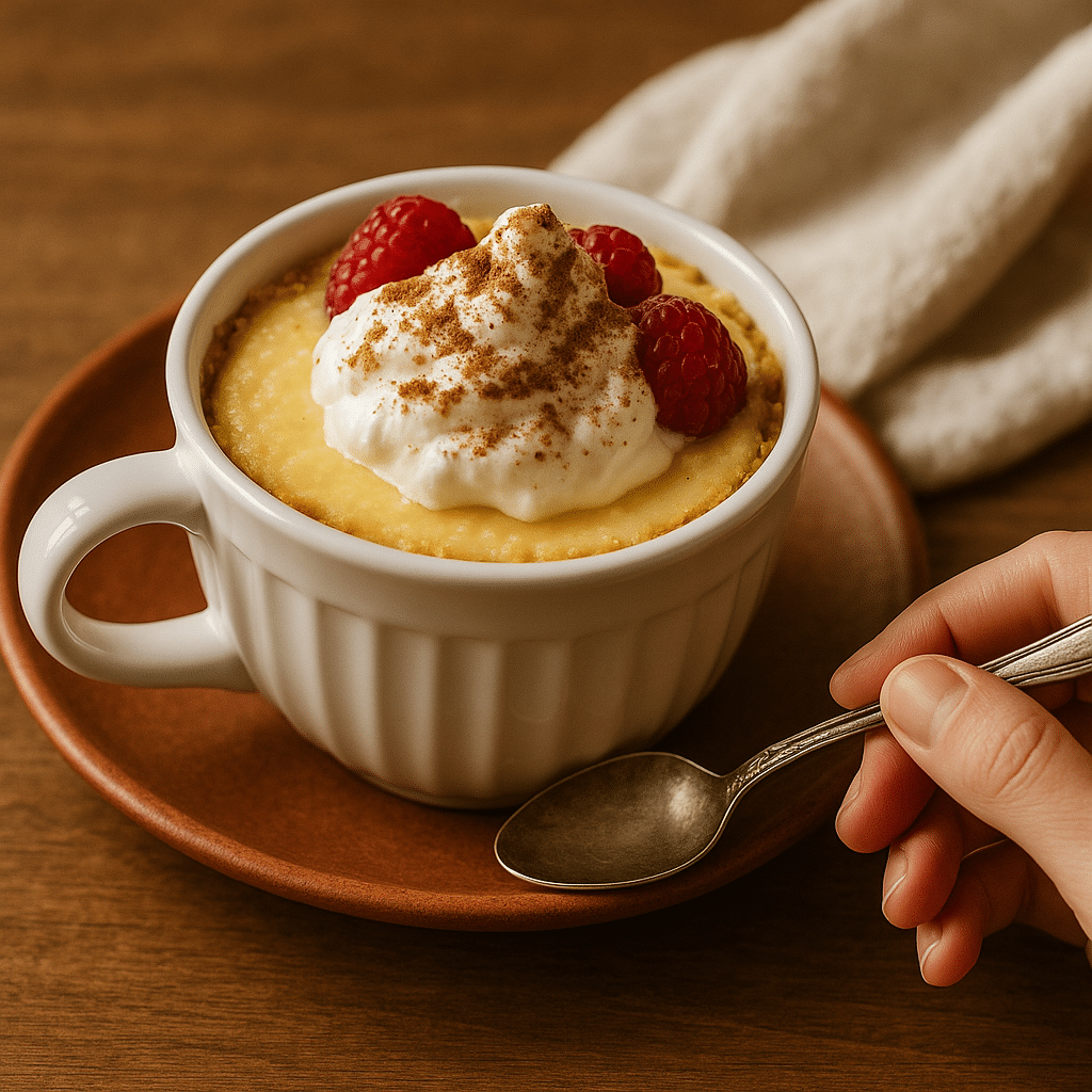 Served mug cheesecake with whipped cream and berries