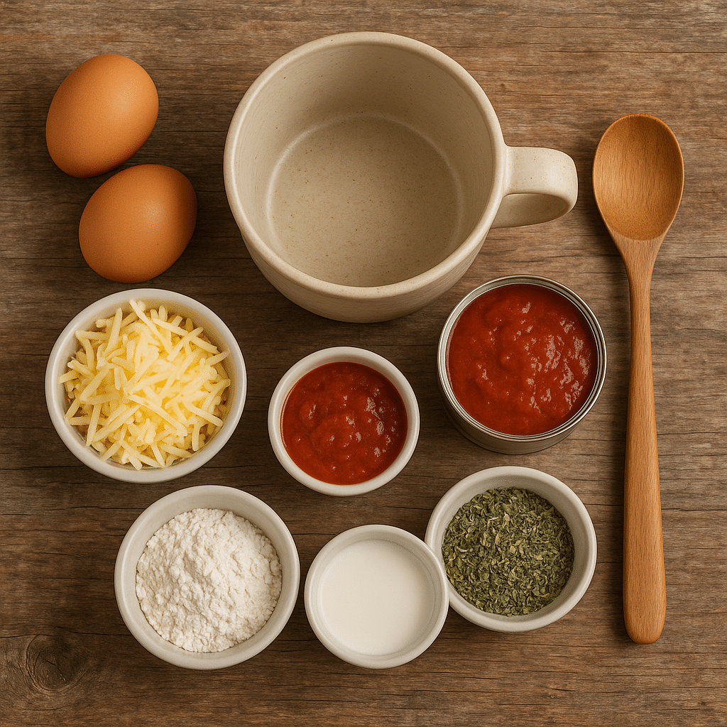Mug meal ingredients on rustic table