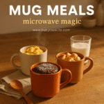 Mug microwave recipes with cake, eggs, and bread pudding in cozy ceramic mugs