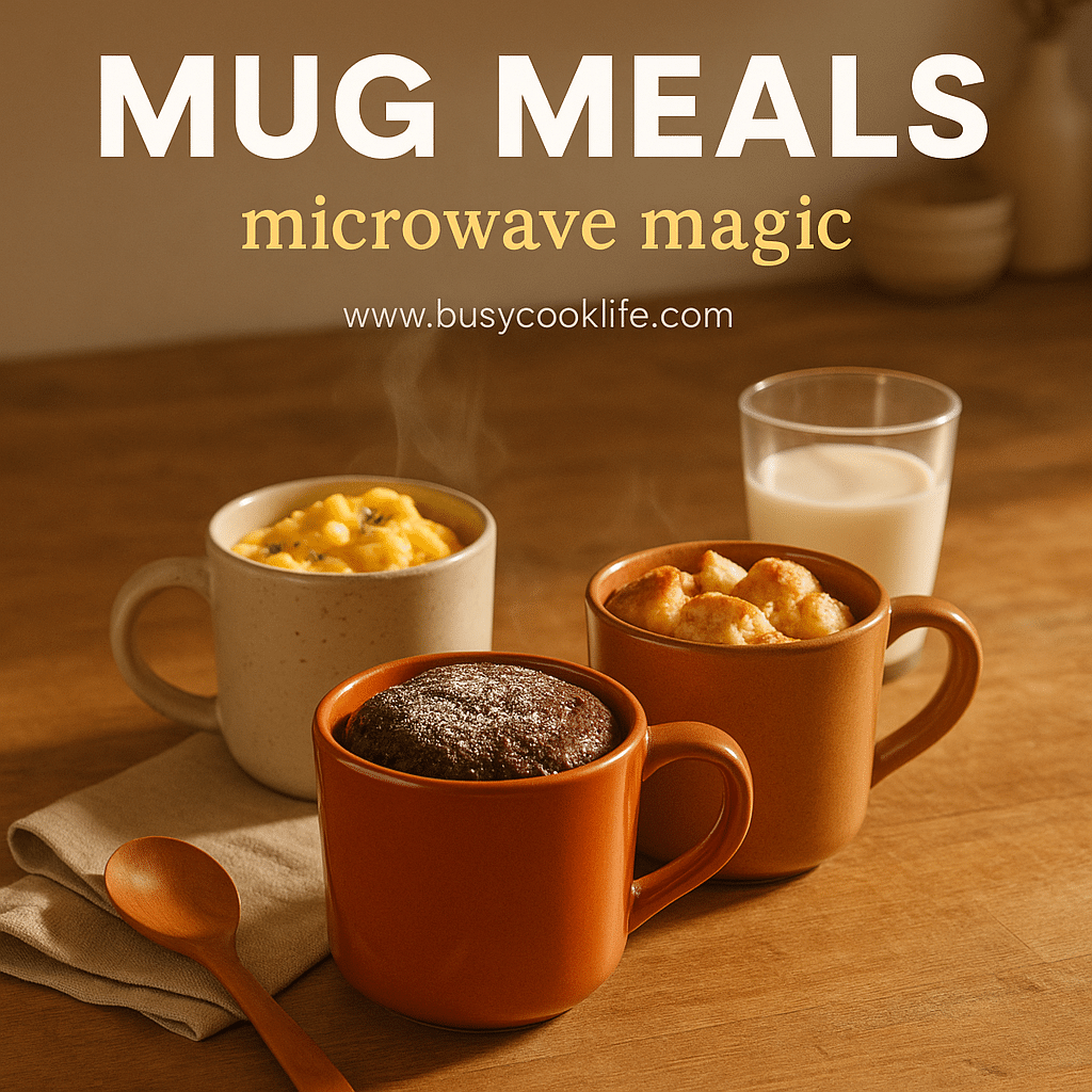 Mug microwave recipes with cake, eggs, and bread pudding in cozy ceramic mugs