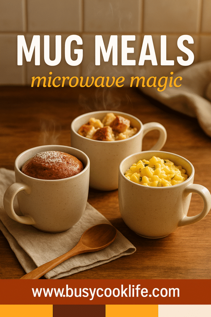 Pinterest pin with text “MUG MEALS microwave magic” showing three steaming mug recipes