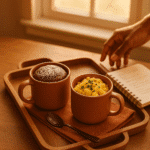 Chocolate mug cake and scrambled eggs in ceramic mugs on wooden tray