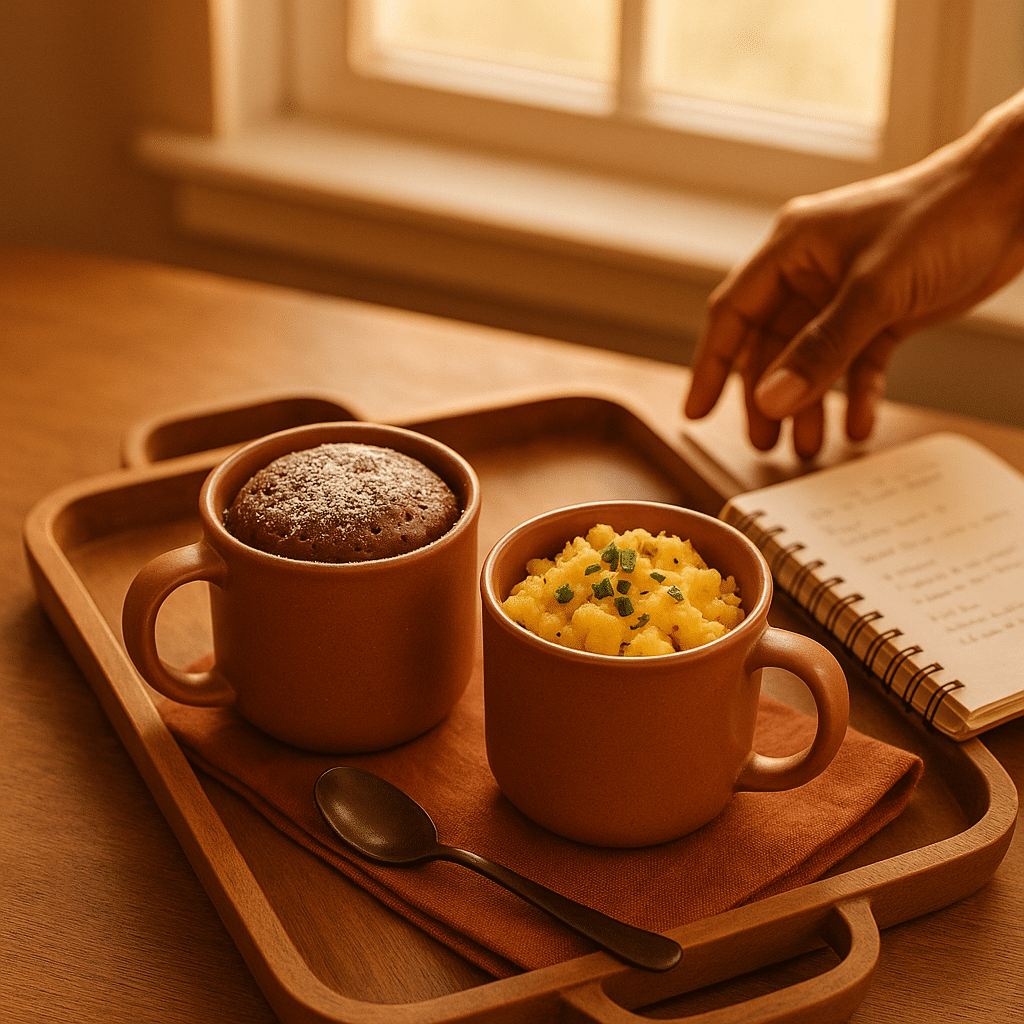 Chocolate mug cake and scrambled eggs in ceramic mugs on wooden tray