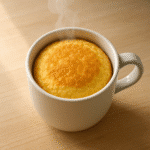 Pancake mug recipe in a white ceramic mug on a cozy light wood surface