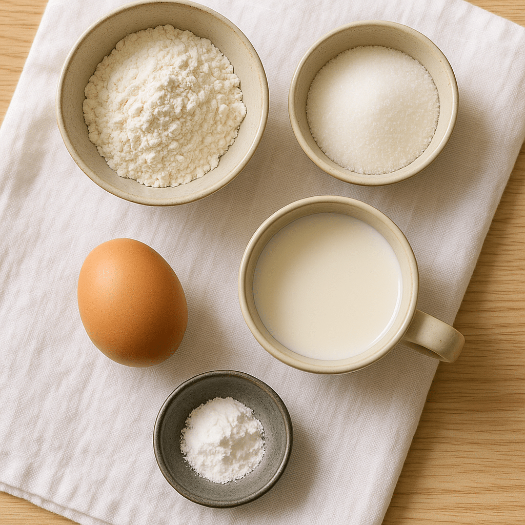 Ingredients for pancake mug recipe laid out in small bowls on a light kitchen counter