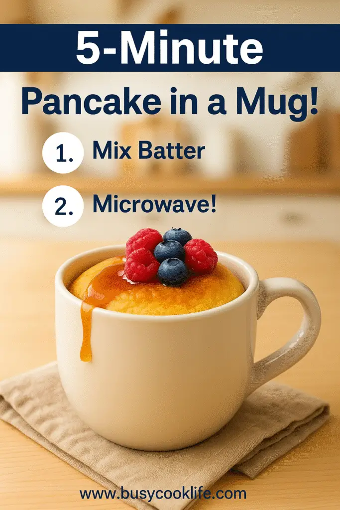 Pinterest graphic for pancake mug recipe with step-by-step visuals and title text