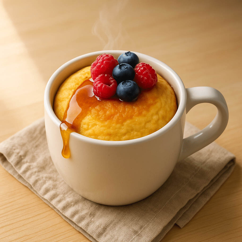 Pancake mug recipe topped with syrup and berries, served warm in a cozy mug