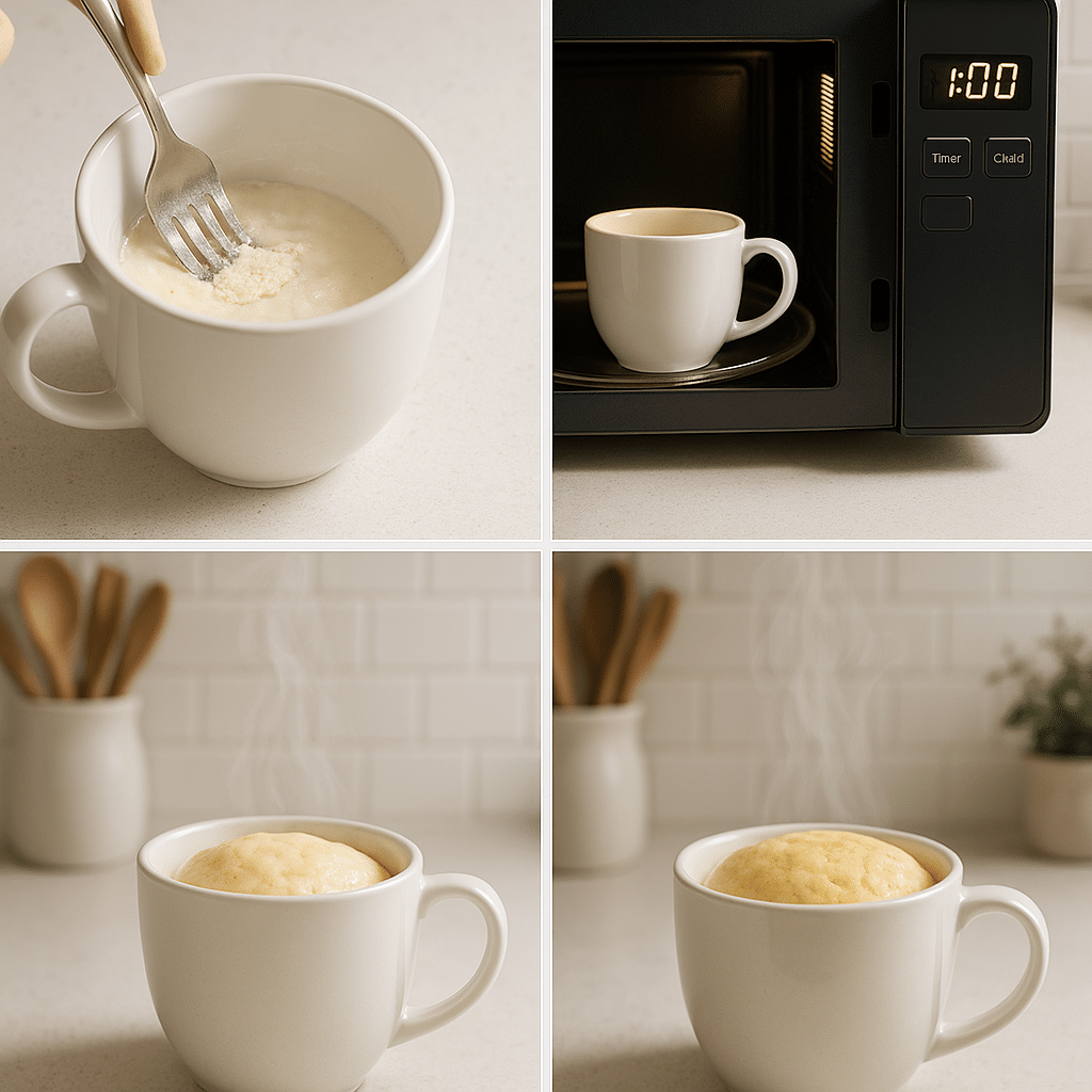 Step-by-step visuals of mixing and microwaving pancake mug recipe