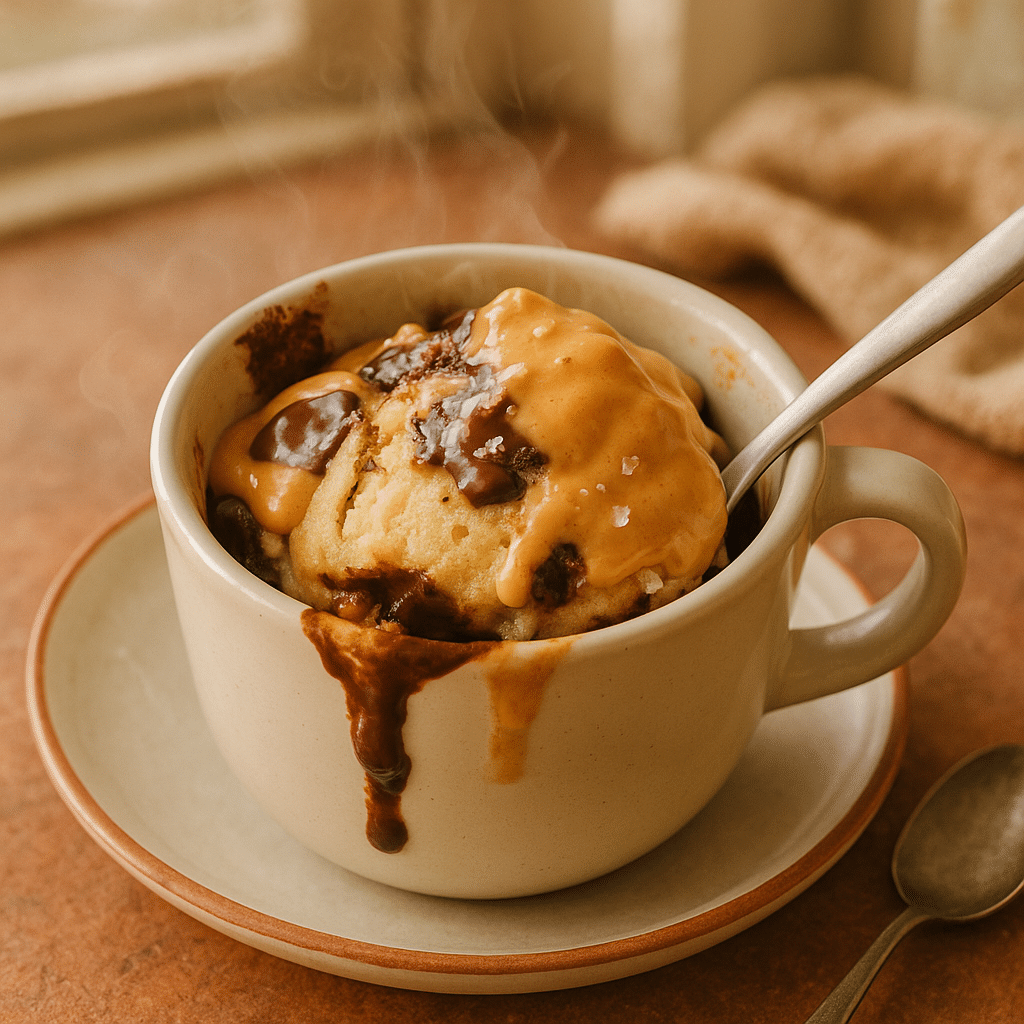 Peanut butter banana mug cake in a ceramic mug