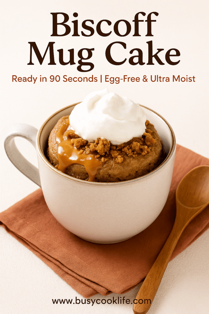 Styled Pinterest pin of Biscoff mug cake with whipped topping and brand URL