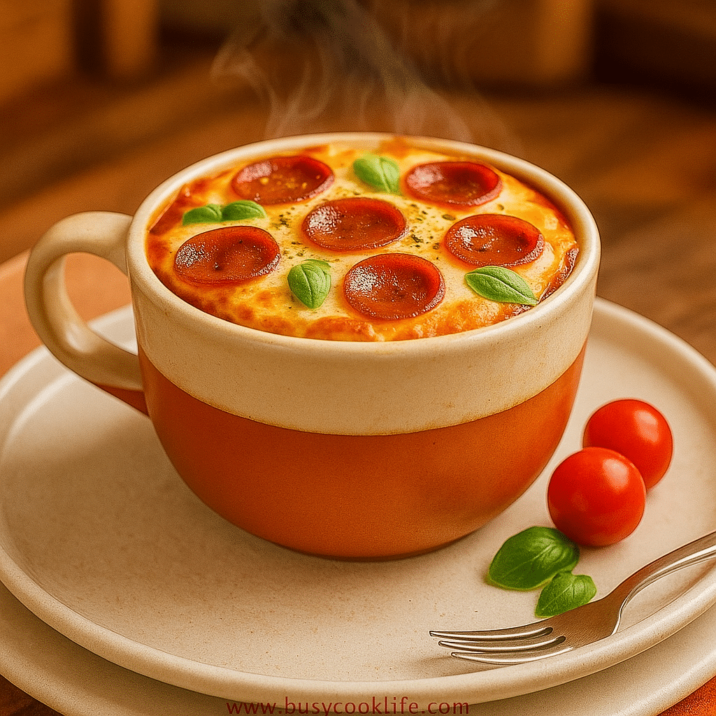 Finished pizza in a mug recipe with melted cheese and steam served on plate