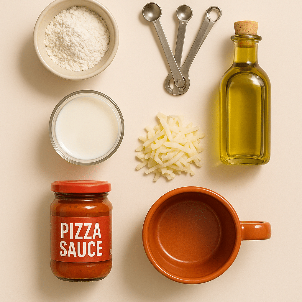 Pizza in a mug recipe ingredients laid out including flour, milk, cheese