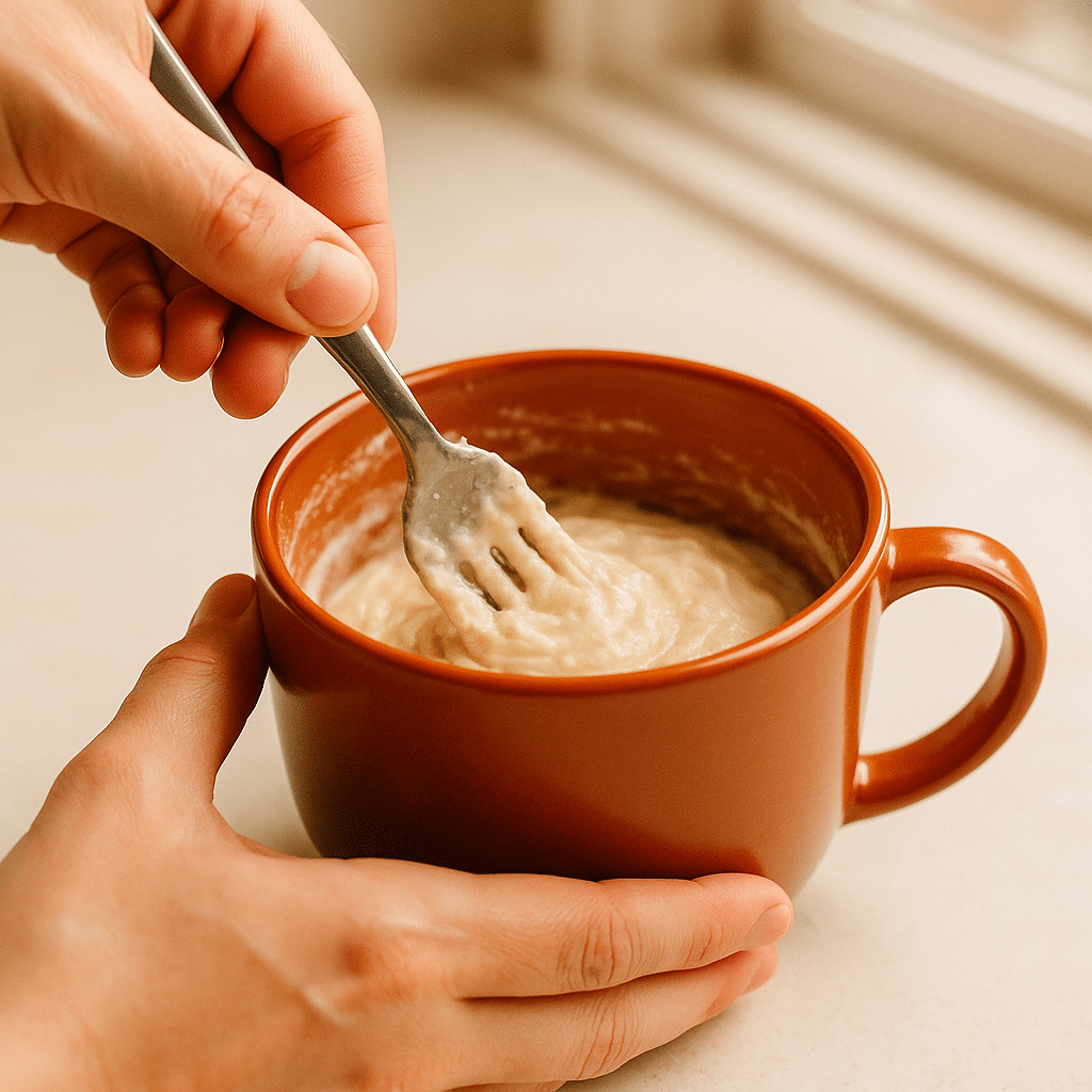 Mixing pizza in a mug recipe dough with fork in microwave-safe mug