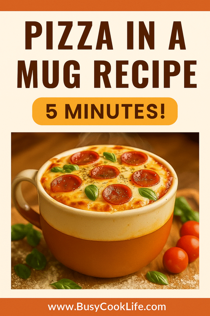 Pinterest pin for pizza in a mug recipe featuring quick 5-minute cooking time