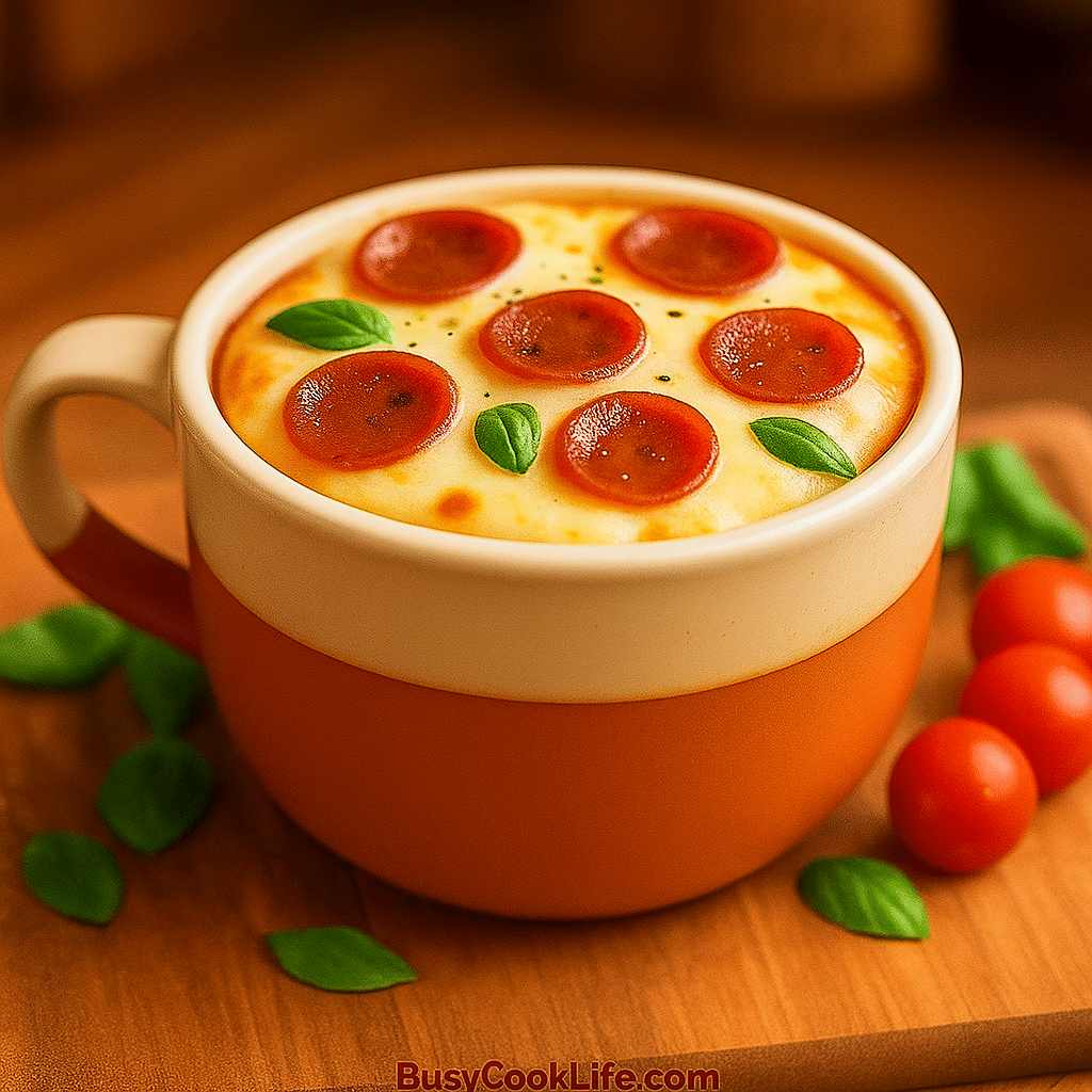 Pizza in a mug recipe topped with sauce and mozzarella cheese ready for microwave