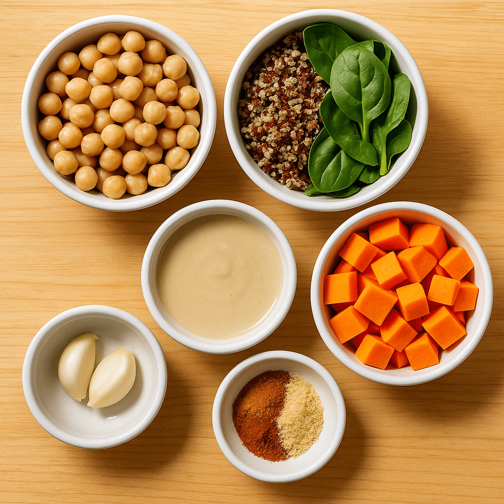Ingredients for plant-based mug dinners including quinoa, chickpeas, and greens