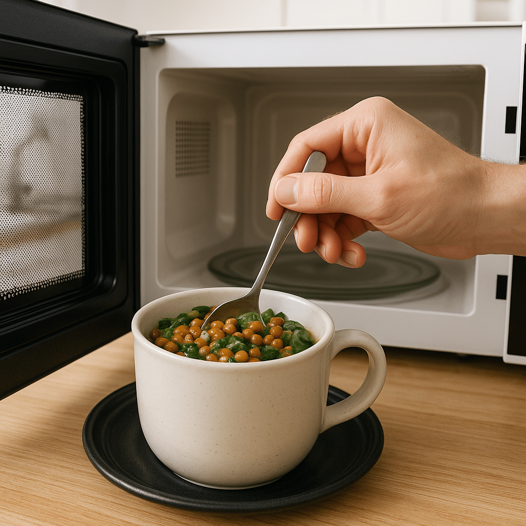 Mixing plant-based dinner ingredients in a mug before microwaving