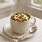 Served plant-based mug dinner with lentils and vegetables