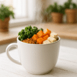 Plant-Based Mug Dinners with tofu, lentils, and vegetables in a white mug