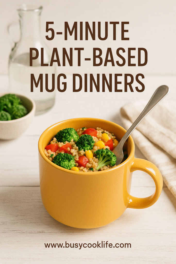 Pinterest-ready photo of plant-based mug dinners with text overlay
