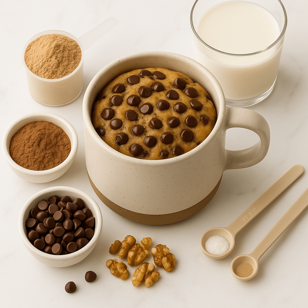 Protein mug cake ingredients laid out including protein powder, cocoa powder, milk and baking powder