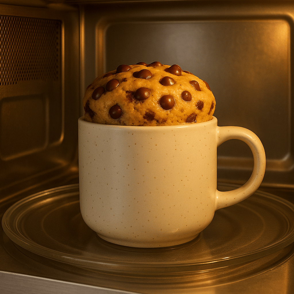 Protein mug cake cooking in microwave showing rising texture