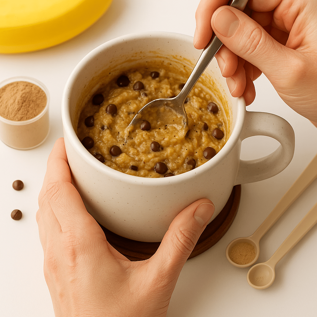 Mixing protein mug cake batter showing proper consistency and technique