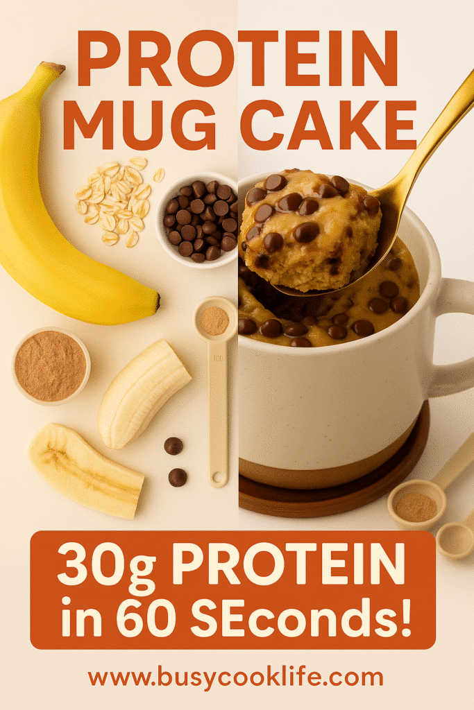 Pinterest pin for protein mug cake recipe showing ingredients and finished result