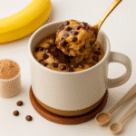 Chocolate protein mug cake in white mug showing fluffy texture with protein powder ingredients