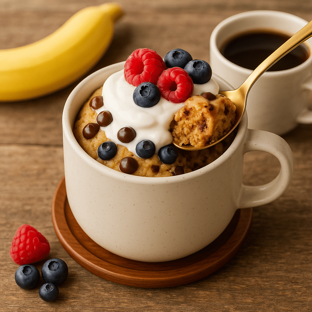 Finished protein mug cake served with Greek yogurt and berries as healthy dessert