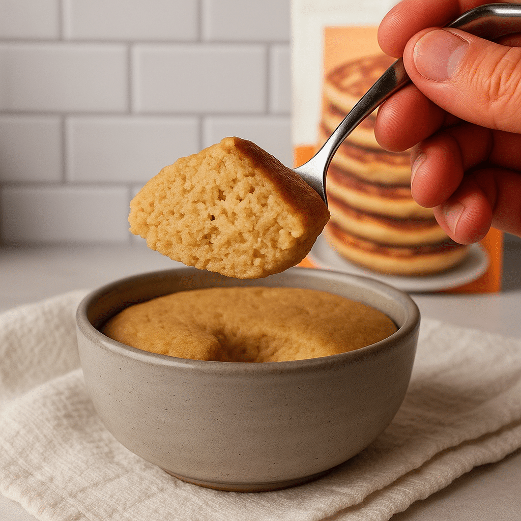Protein pancake in a mug on kitchen counter
