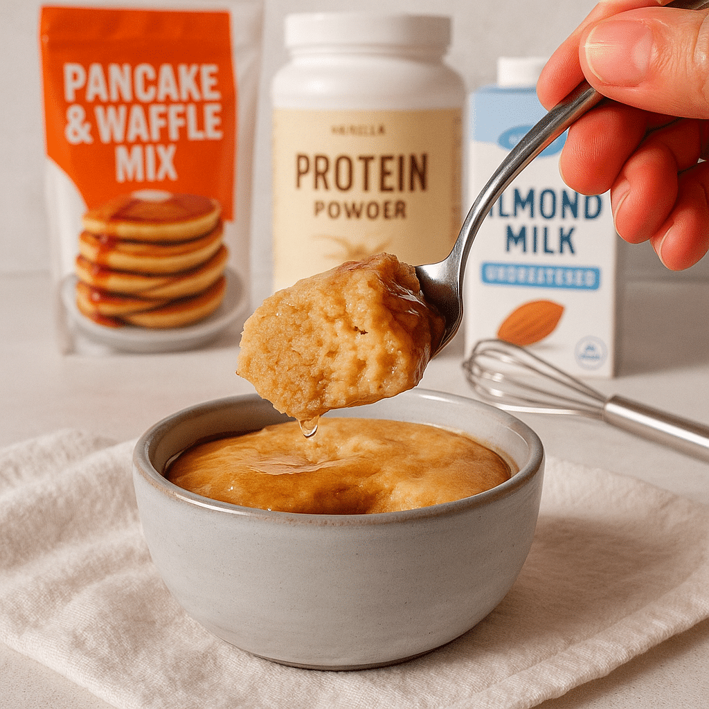 Ingredients for protein pancake in a mug