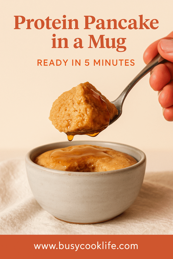 Pinterest graphic for protein pancake in a mug