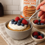 Served protein pancake in a mug with toppings