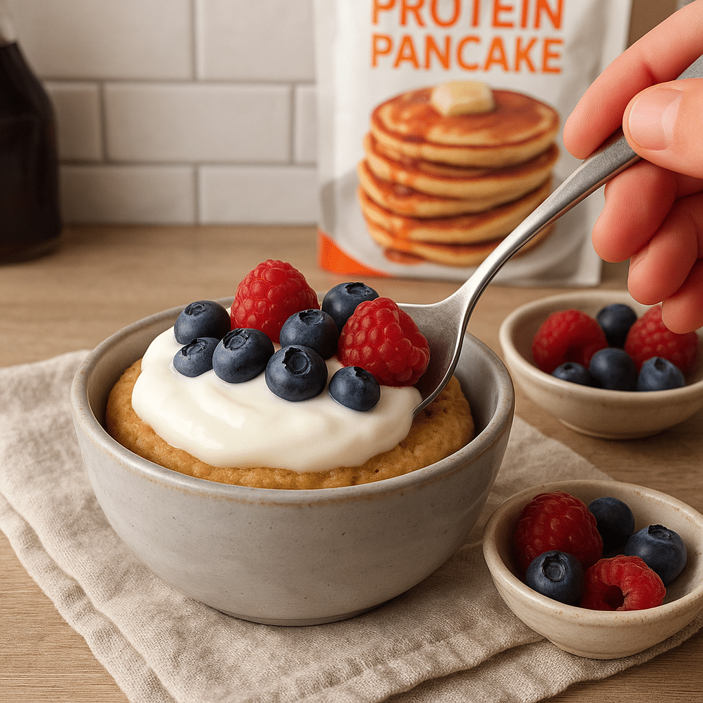 Served protein pancake in a mug with toppings