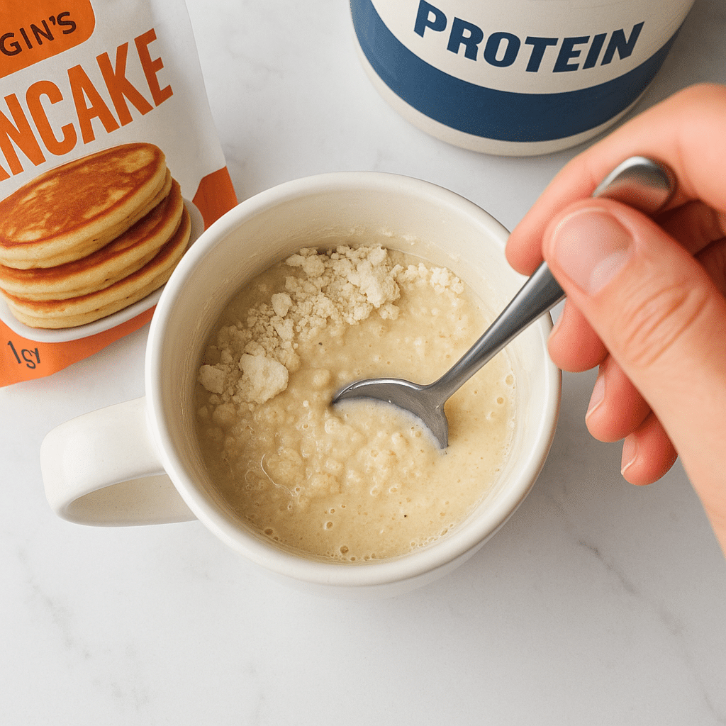 Mixing batter for protein pancake in a mug