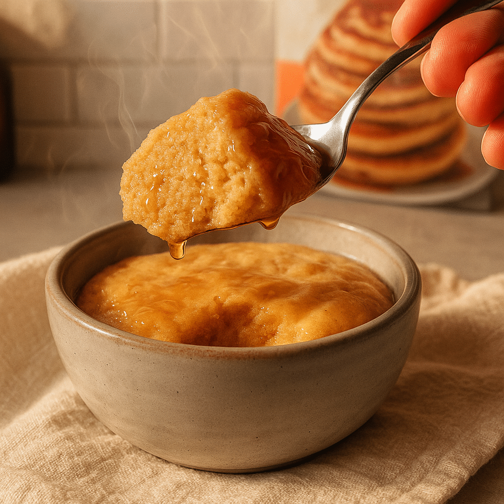 Fluffy protein pancake in a mug