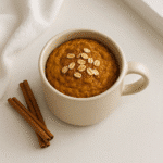 Pumpkin spice breakfast mug served warm in ceramic on white countertop